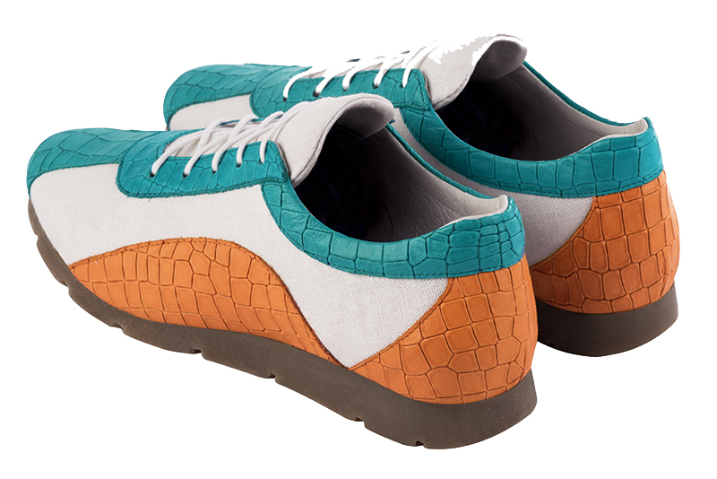 Turquoise blue, pure white and apricot orange women's three-tone elegant sneakers. Round toe. Flat rubber soles. Rear view - Florence KOOIJMAN